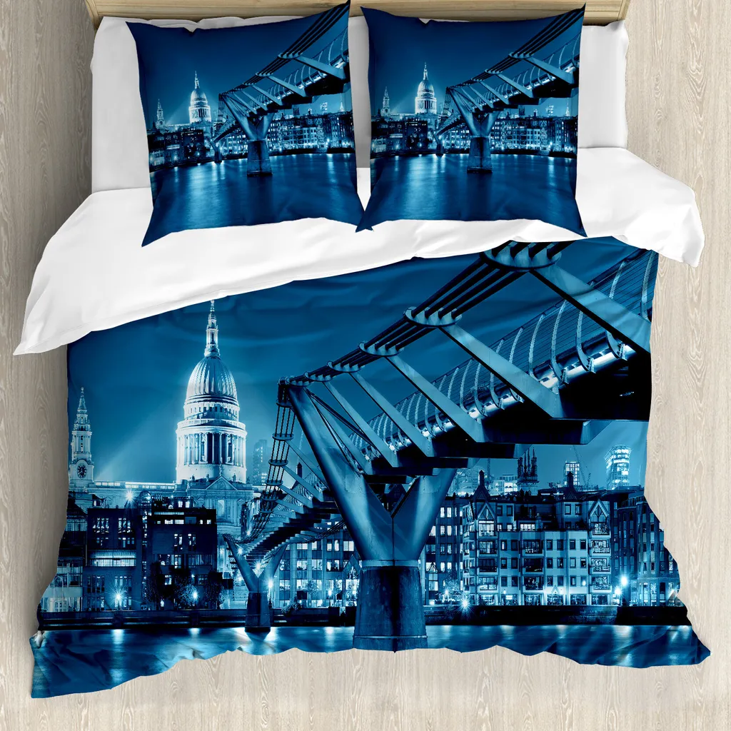 ABAKUHAUS Copripiumino con vista della città, Monumento notturno di Londra, antiacaro, adatto a chi soffre di allergie, con federe, 155 cm x 220 cm - 80 x 80 cm, blu scuro