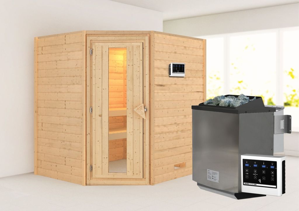 Karibu Sauna Innensauna Mia Eckeinstieg Ofen 9 kW externe Strg easy 196x169x198 cm ohne Dachkranz mit Energiespartür
