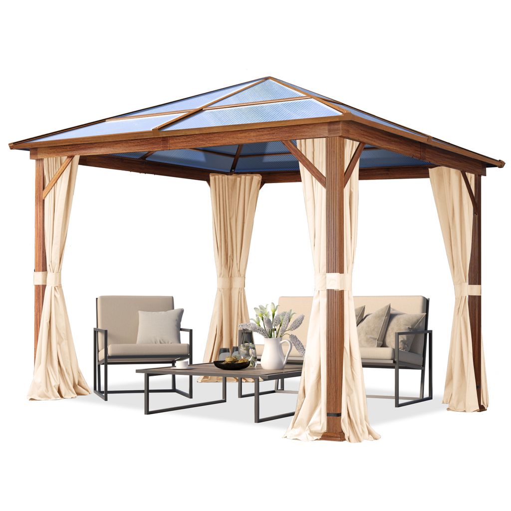 Gartenpavillon 3x3 m Holzoptik, ca 8 mm Polycarbonat-Dach, 4 Seitenteile in champagner