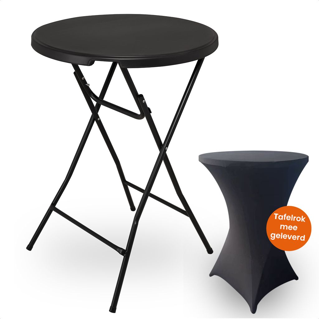 Goliving Bartisch Ø80x110cm - Stehtisch - Klappbar - Stabil - Inkl. Tischdecke & Schürze - Belastbar bis 50 kg - Schwarz