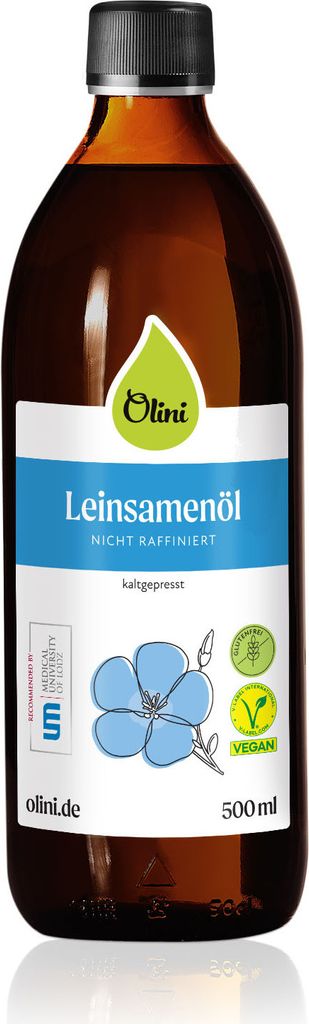 Olini Leinöl 500 ml Glasflasche Kaltgepresst, unraffiniert, unbehandelt Reich an Omega-6- und Omega-3-Säuren