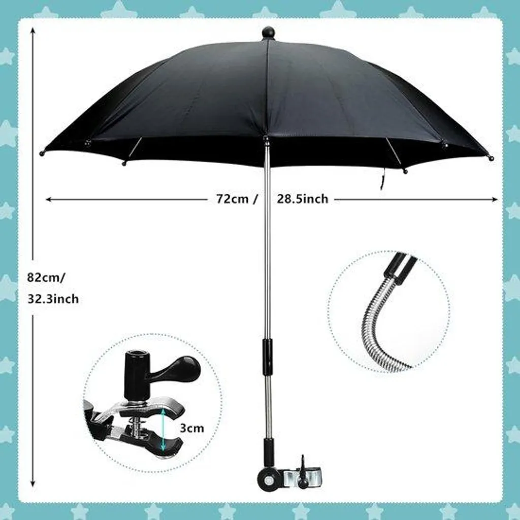 Ombrelle poussette UV 50+ noire avec bras flexible et fixation 72 cm