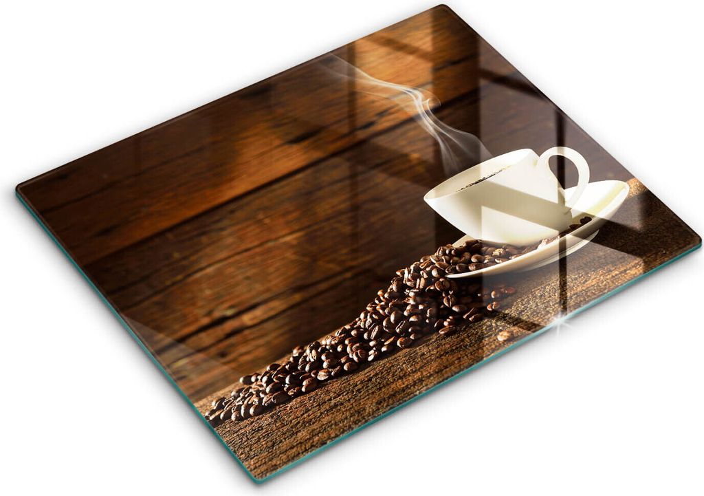 Glasschneideplatte - Herdabdeckplatte - 52x40 cm - Schneidebrett - Spritzschutz - Kaffeetasse Holz