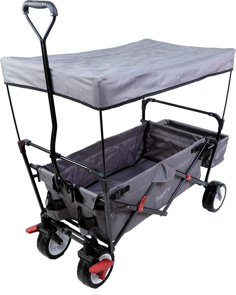 Chariot de plage pliable avec toit protecteur et cadre acier stable