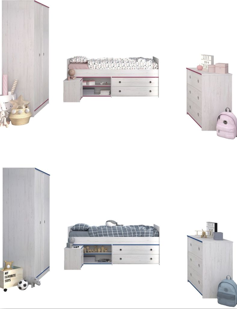 Kinderzimmer Smoozy 21 Parisot 4-tlg Bett + Kleiderschrank + Kommode + Nachtkommode weiß
