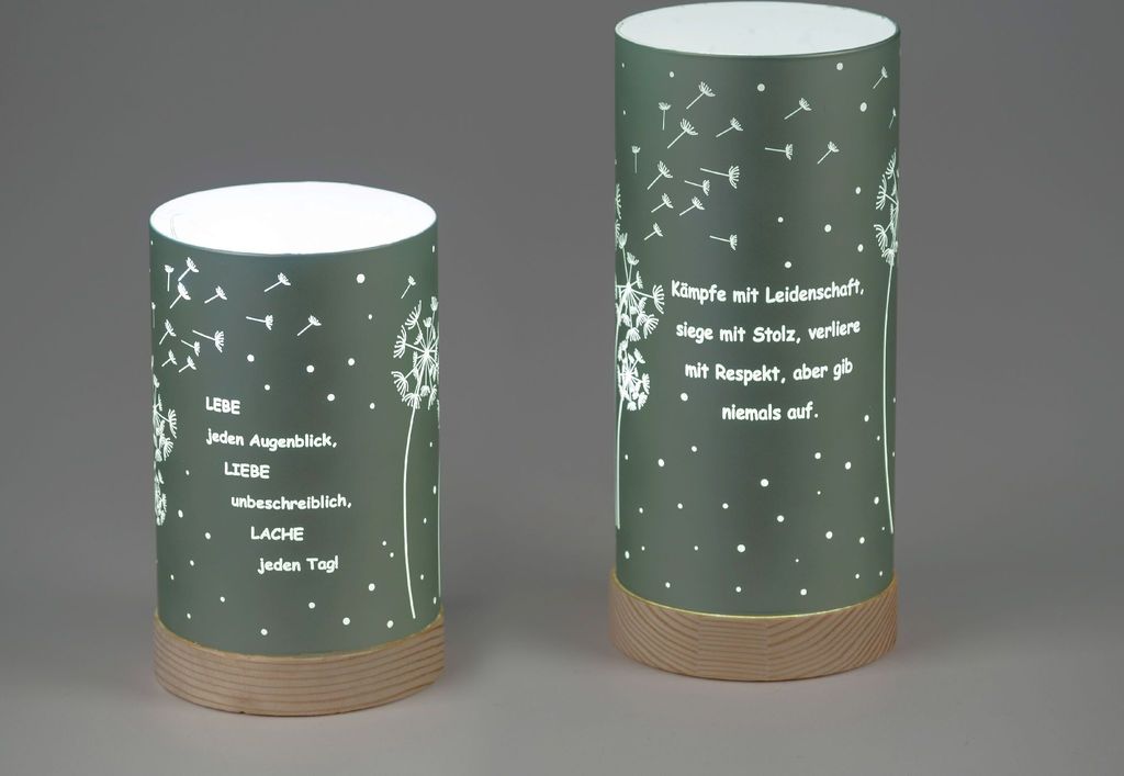 2er Set LED Tischlampen Pusteblume mit Spruch H. 15cm grün mit Timer Formano