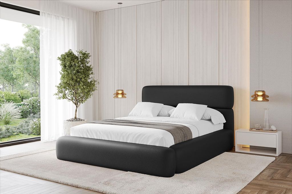 ALTDECOR Polsterbett mit Bettkasten - ENORA - 160x200 Schwarz Kunstleder - Bett mit Kopfteil, Boxbett ohne Matratze, Doppelbett mit Stauraum