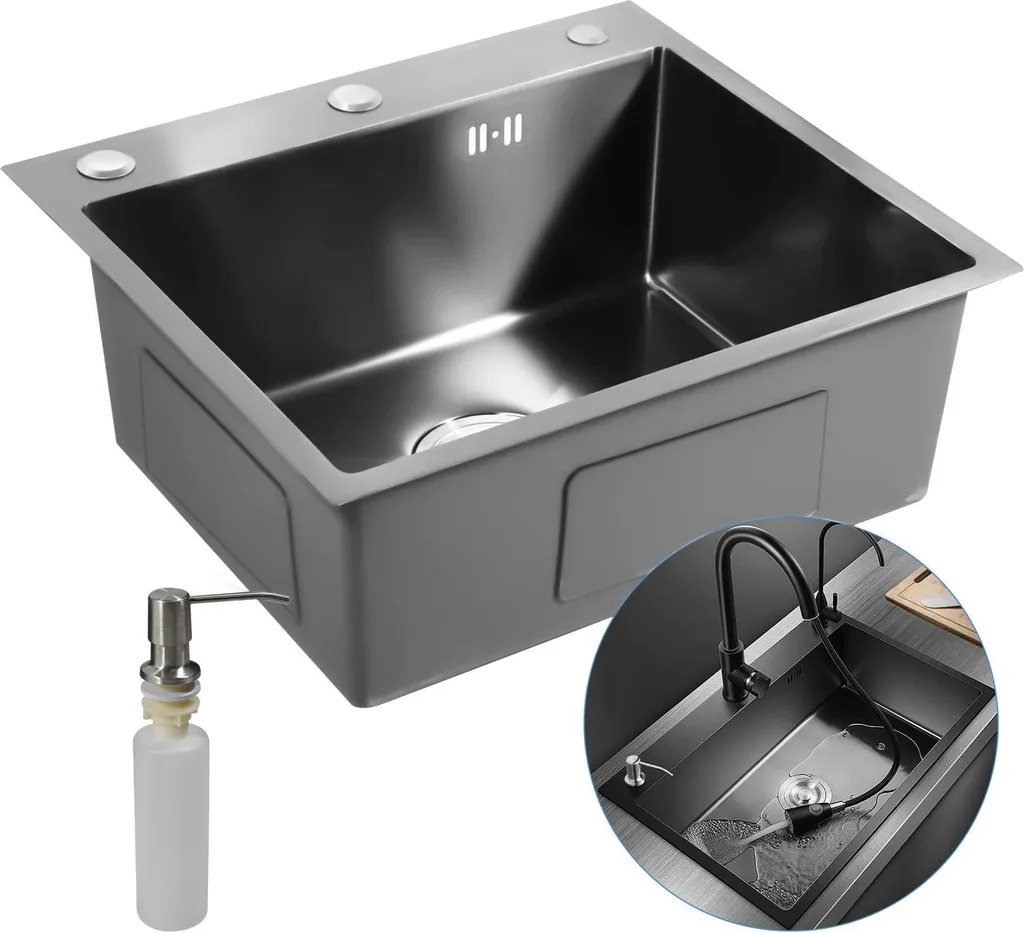 Évier de cuisine cuve simple sous plan en acier noir 50x45x20cm Inox 201