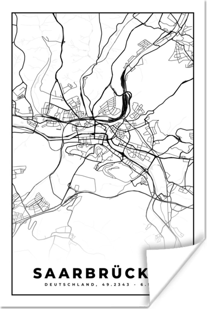 MuchoWow Poster Saarbrücken - Karte - Stadtplan 60x90 cm - Wanddekoration