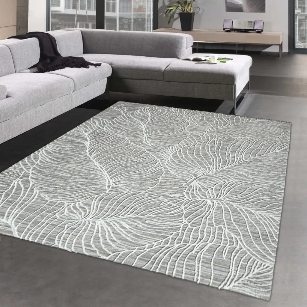 Tapis salon anti-poussière 120x170 cm gris crème motif feuilles chic