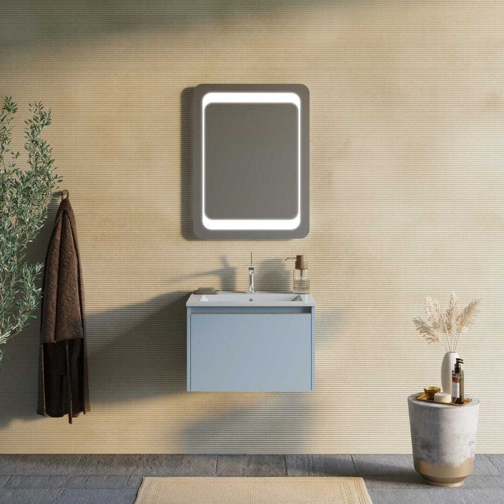 Badezimmermöbel mit 60 cm matten himmelblauen Schublade und 60x80 Spiegel | Monaco