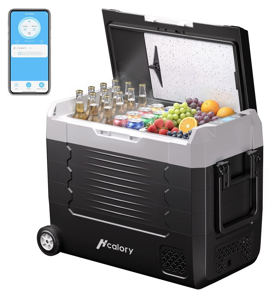 55L Tragbarer Kompressor Kühlbox mit Bluetooth-App, Elektrisch Autokühlbox Dual-Zone (-20°C bis +20°C) Schneidebrett, 12V/24V/230V, Rollen & Tr...