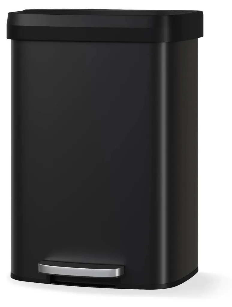 Poubelle de cuisine à pédale 50L en acier inoxydable noir rectangulaire