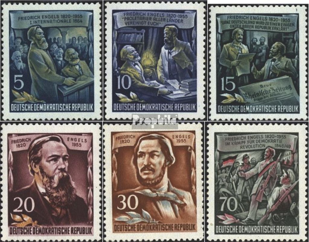 Briefmarken DDR 1955 Mi 485A-490A (kompl.Ausg.) gestempelt 60.Todestag von Engels