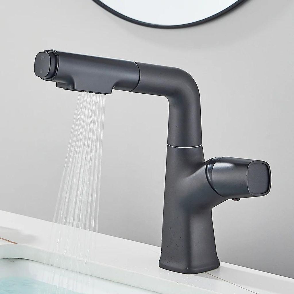 Badezimmer Waschtischarmatur - Einhebelmischer - Ausziehbrause - 360° Schwenkbar - Heiß/Kalt - 1-Loch - Edelstahl - Keramikkartusche - Schwarz