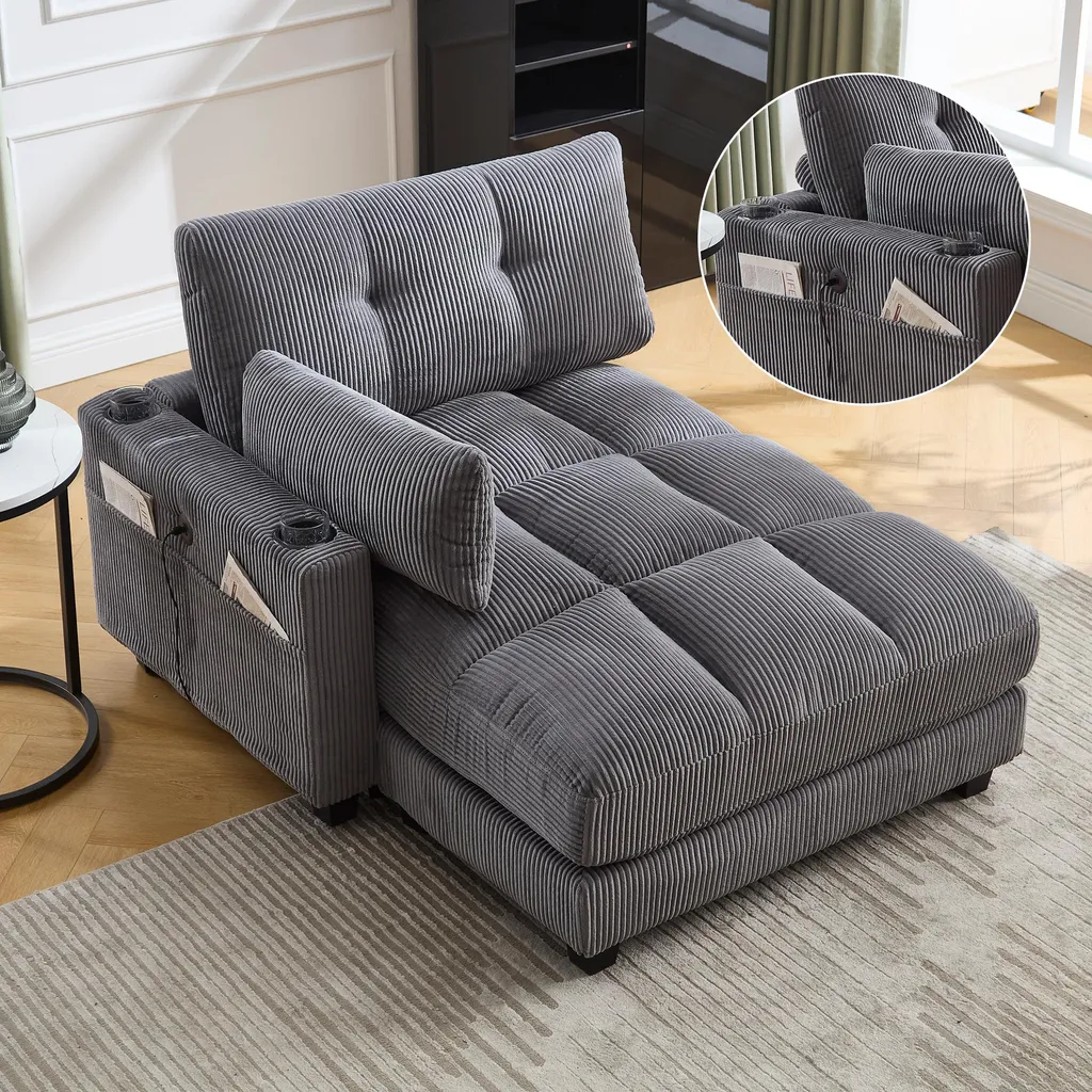 Fauteuil de salon gris Sweiko relaxant avec poches et porte-boissons