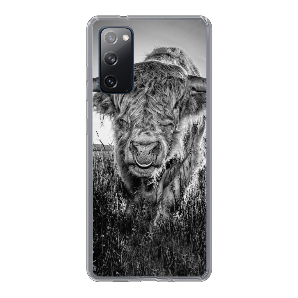 MuchoWow Handyhülle Schutzhülle Hülle für Samsung Galaxy S20 FE Schottischer Highlander - Schwarz und Weiß Silikon Softcase Handy Hülle - A...