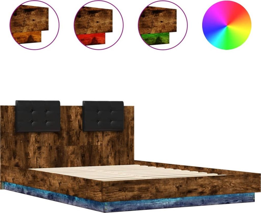 vidaXL Bettgestell mit Kopfteil & LED-Leuchten Räuchereiche 140x200 cm