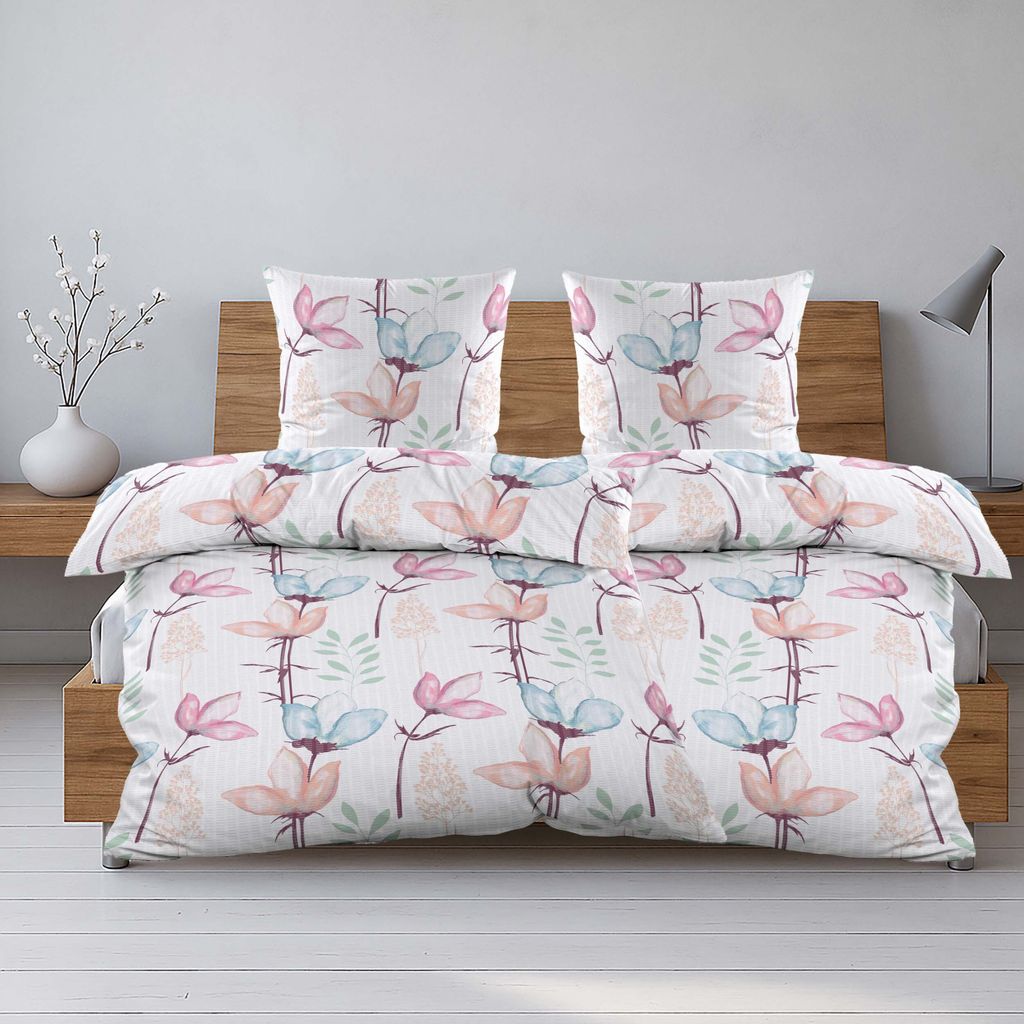 Seersucker Bettwäsche 135x200 cm + 80x80 cm Weiß mit bunten Blumen – 100% Polyester, bügelfrei & pflegeleicht