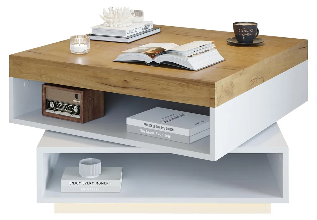 Table basse LED 65x65 chêne blanc pour petit salon - Pivotante