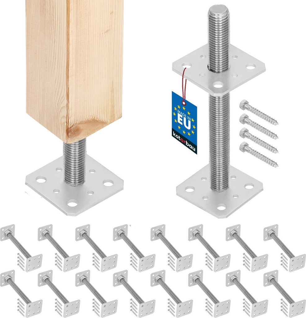 KOTARBAU 16er Set Pfostenträger Höhenverstellbar Montagestütze 80x80x250mm M24 Verstellbarer Pfostenfuß Halterung mit Stange für Beton Stahl...