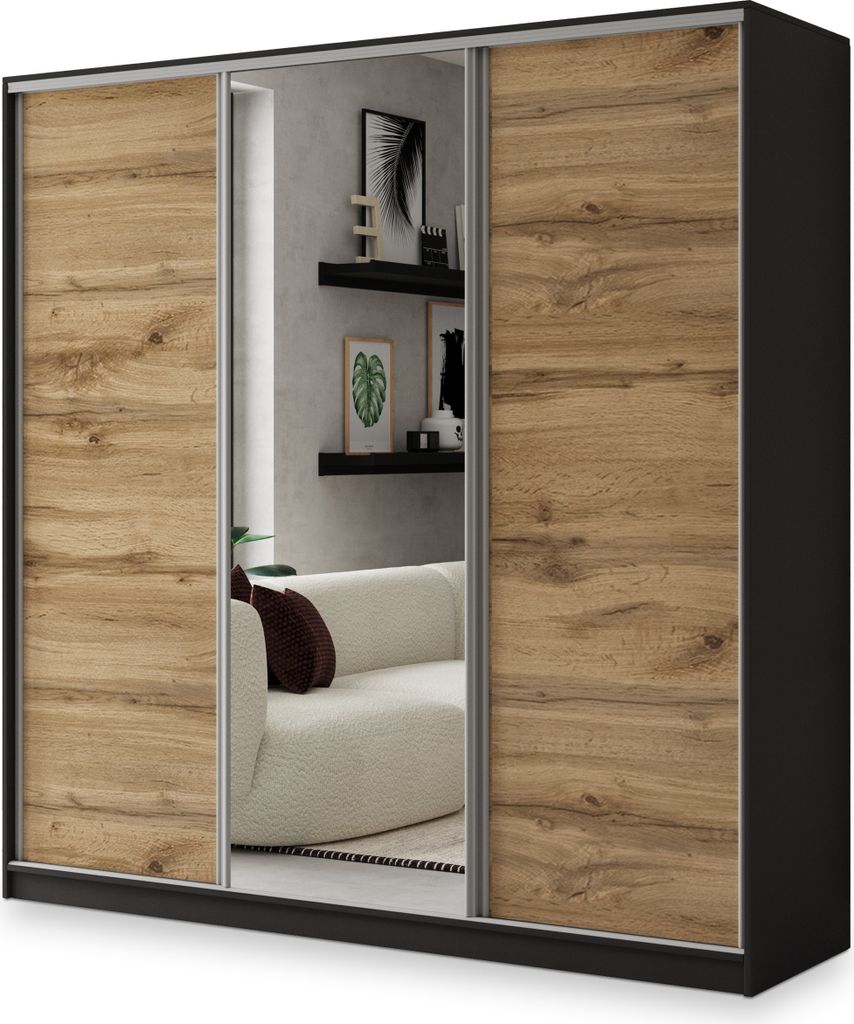 Masseno Schiebetürenschrank SORE 200/205/58 cm Kleiderschrank mit 4 Schubladen Schlafzimmer Schrank 3-türig mit Spiegel Schwarz / Eiche Wotan