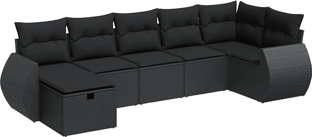 vidaXL 7-tlg. Garten-Sofagarnitur mit Kissen Schwarz Poly Rattan