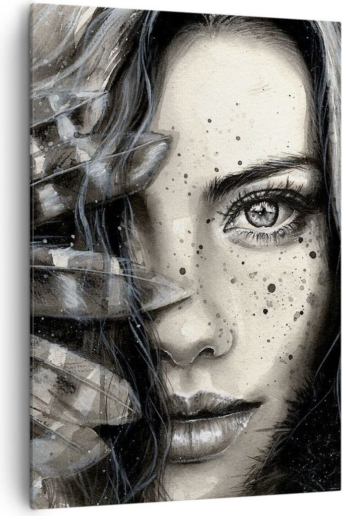 Bild auf Leinwand - Leinwandbild - Einteilig - Frau Federn Lippen Kunst. - 70x100cm - Wand Bild - Wanddeko - Wandbilder - Leinwanddruck - Wanddekor...