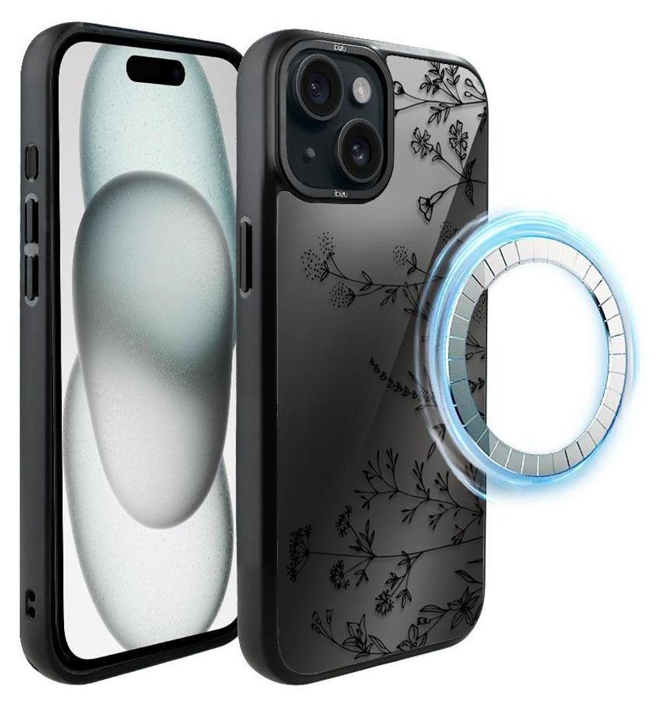 Schutzhülle für das iPhone 15, MagSafe-kompatibel, mattschwarze Seiten, kleine Blumen