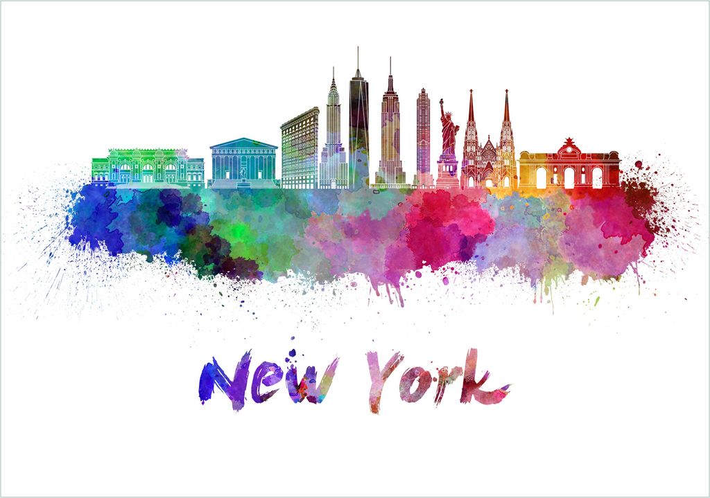 Wallario Premium Glasbild, freischwebende Optik, kräftige Farben, Größe 100 x 70 cm Motiv Städte als Aquarell - Skyline von New York