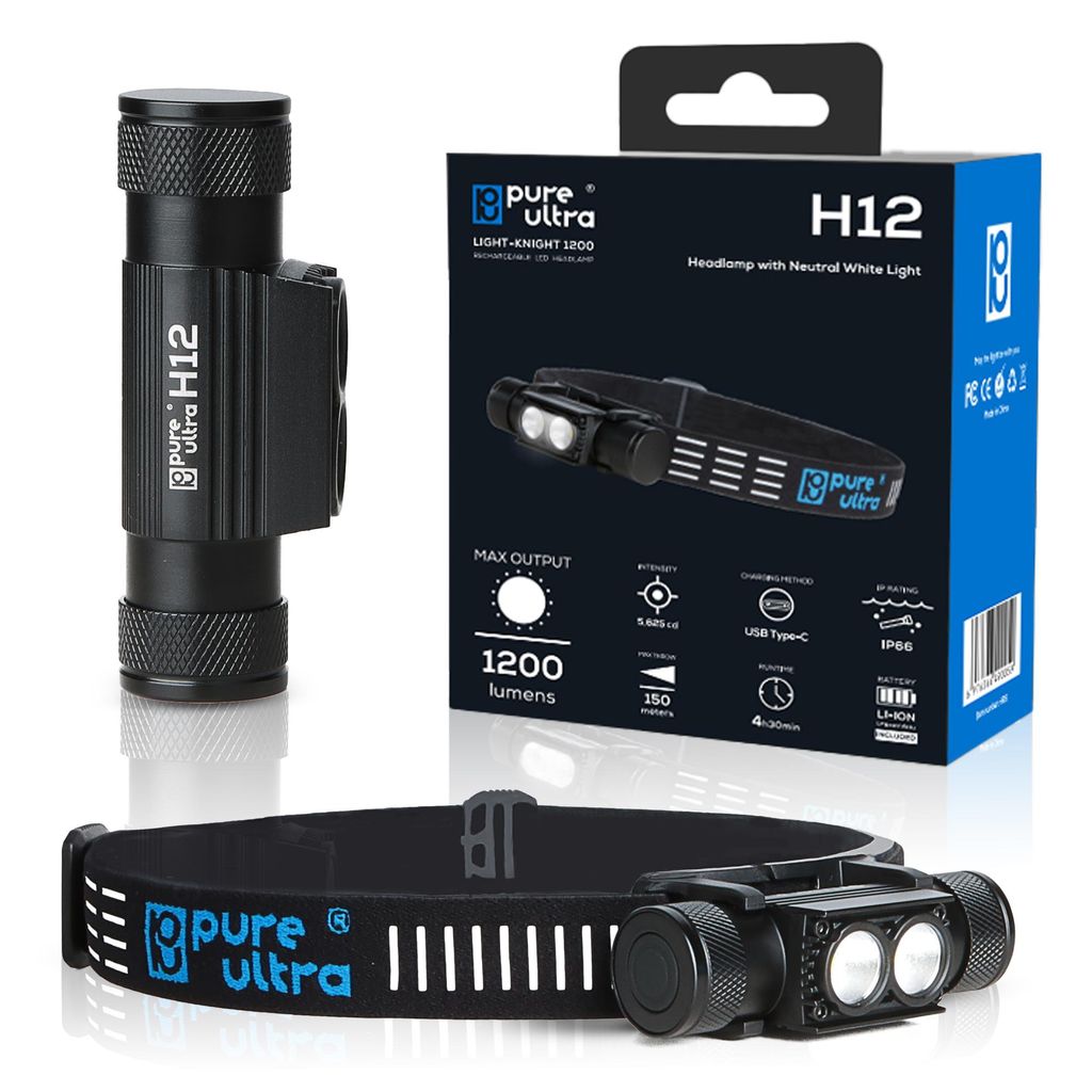 H12 Stirnlampe Wiederaufladbar 1200 Lumen, Neutralweiße LEDs, 150m Reichweite, 18650 4000mAh Akku, USB-C Ladung, IP66 Wasserdicht, Ideal für Outd...