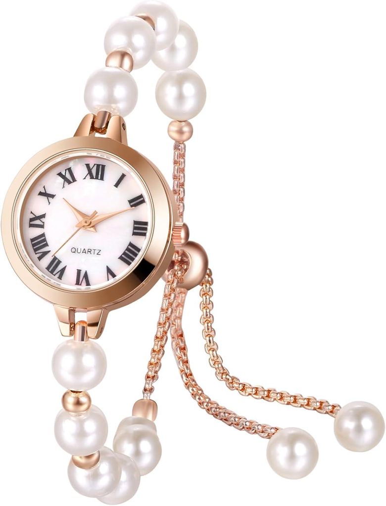 Damenuhr mit Perlenarmband, 3ATM wasserdicht, analoges Quarzwerk, verstellbares Schmuckarmband, elegante kleine Armbanduhr, Geschenk für Frauen