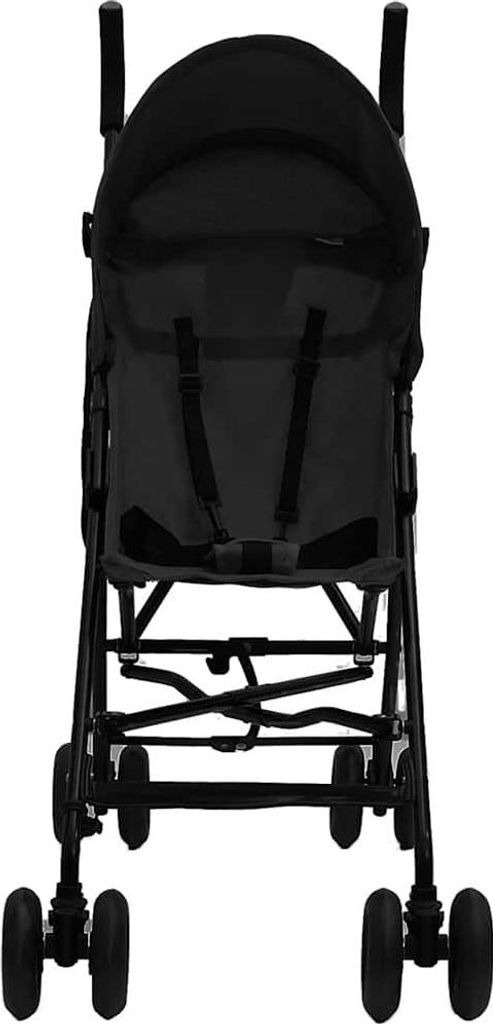 A front-facing view of a black stroller.