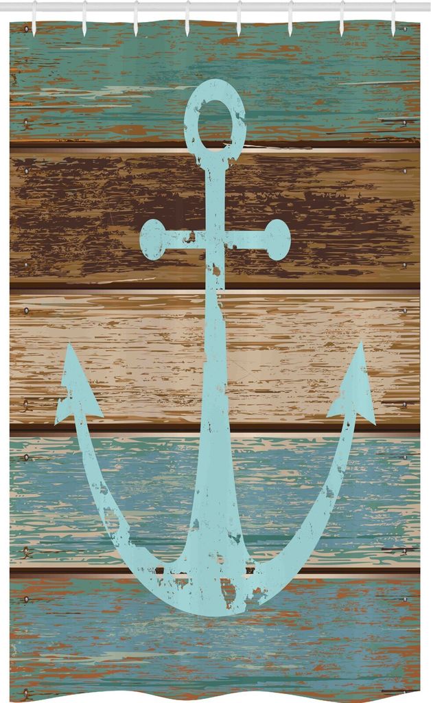 ABAKUHAUS Anker Schmaler Duschvorhang, Nautical Rustic, Badezimmer Deko Set aus Stoff mit Haken, 120 x 180 cm, Pale Blue Brown Teal