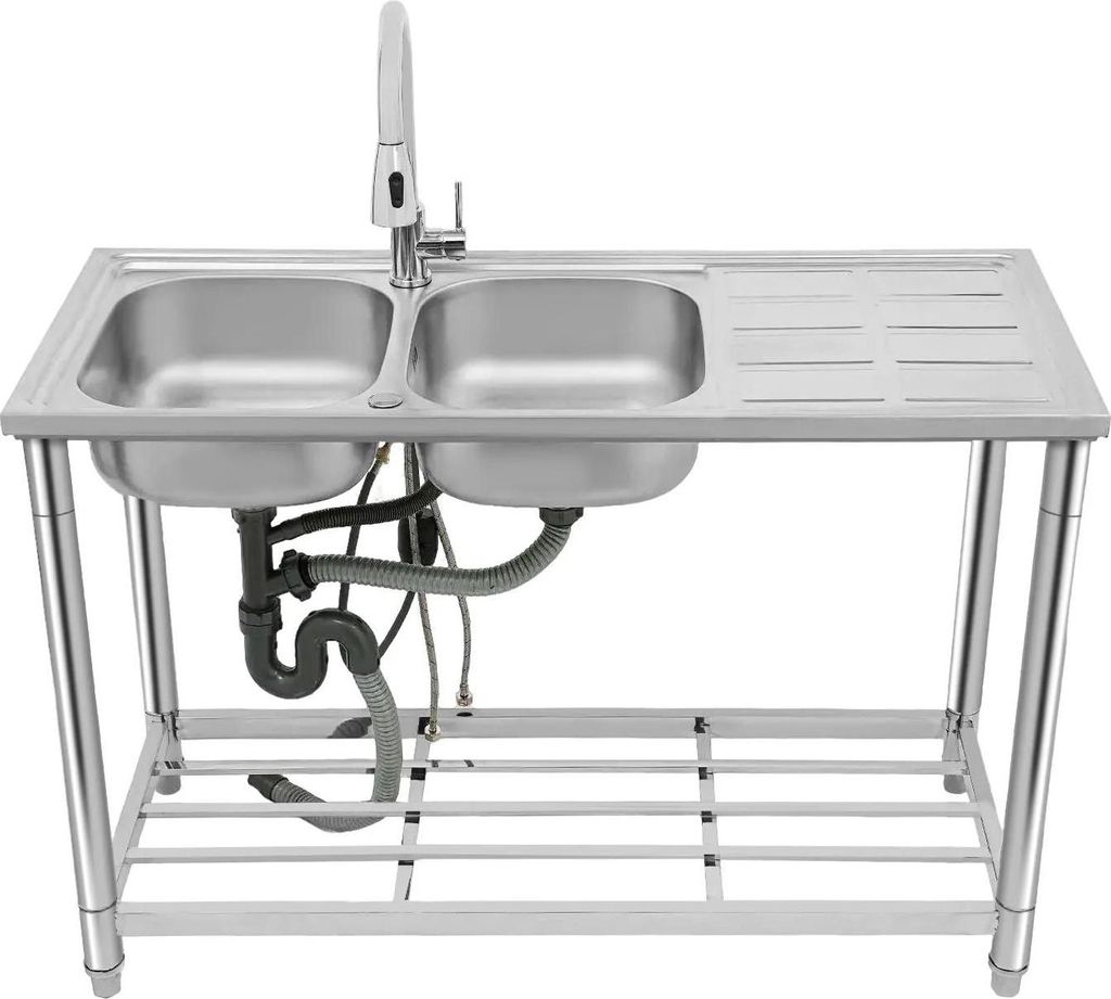 Küchenspüle - Freistehende Doppelbecken-Spüle - Drehbare ausziehbare Armatur - Eckige Becken - Edelstahl - - Silber