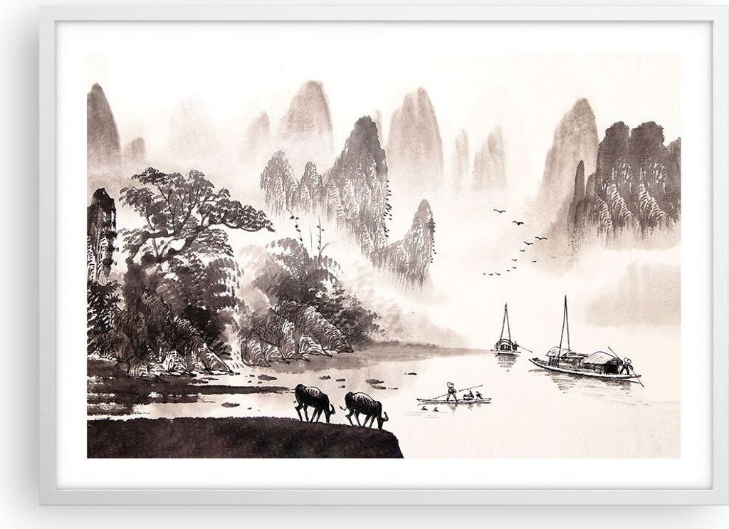 Gerahmtes Poster - Weißer Rahmen - Chinesisch Landschaft Aquarell - 70x50 cm - Wand Bild - Wanddeko - Wandbilder - Wandposter - Bilderrahmen - Bil...