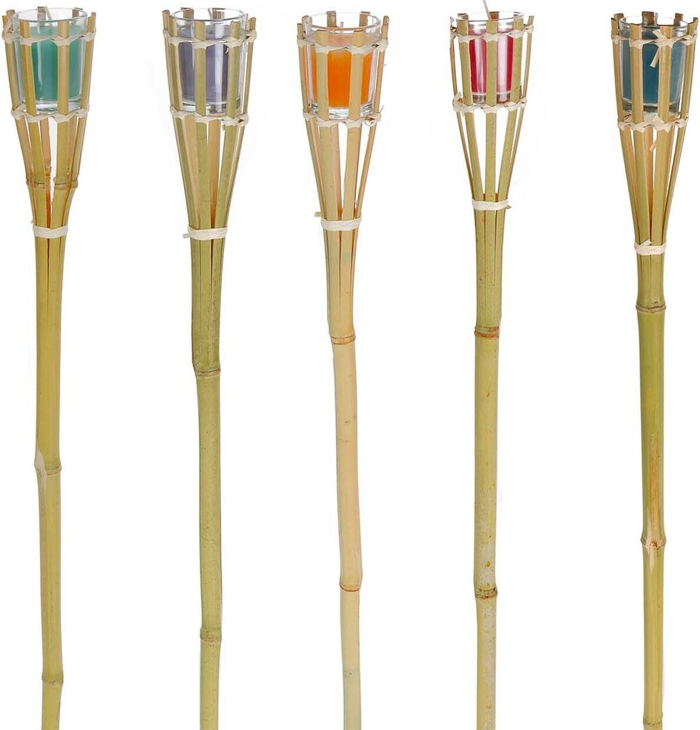 5x Bambusfackeln mit Citronella-Kerzen im Glas für Outdoor, Gartenfackel-Set mit Kerzen in verschiedenen Farben für Terrasse, Garten