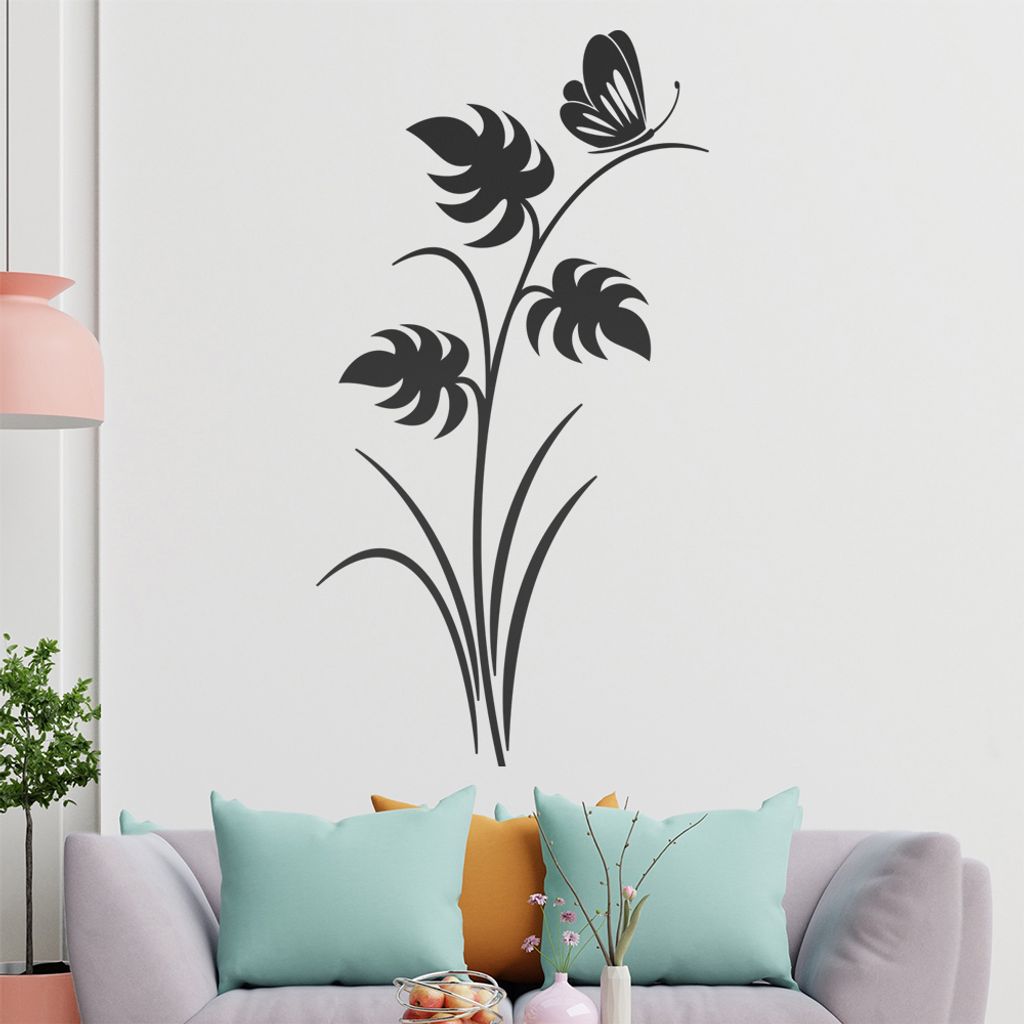 Schmetterling auf Pflanze Wandtattoo in 6 Größen - Wandaufkleber Wall Sticker - Dekoration, Küche, Wohnzimmer, Schlafzimmer, Badezimmer