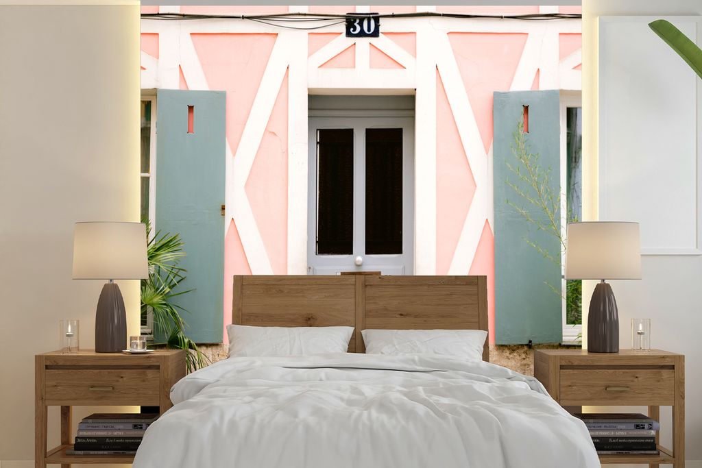 MuchoWow Fototapete für Wohnzimmer oder Schlafzimmer Wandtapete Vinyl Motivtapete Rosa - Tür - Architektur - Haus - 240x240 cm - Schlafzimmer-T...