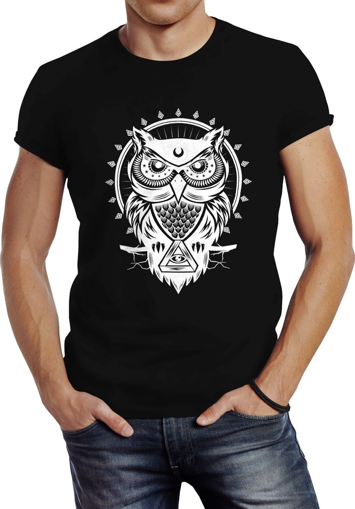 Herren T-Shirt Eule Owl Shirt Eulenmotiv Slim Fit Neverless schwarz XS
