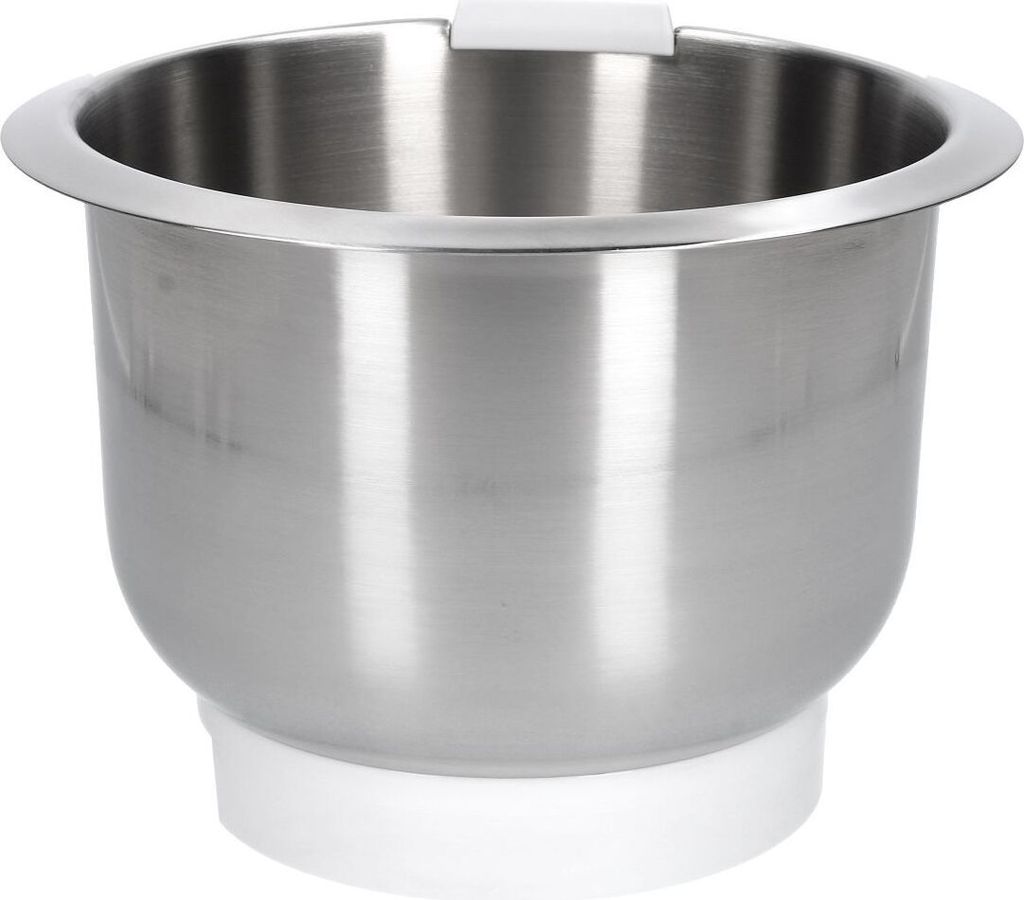 A stainless steel mixing bowl with a white base and a white handle attachment at the top.