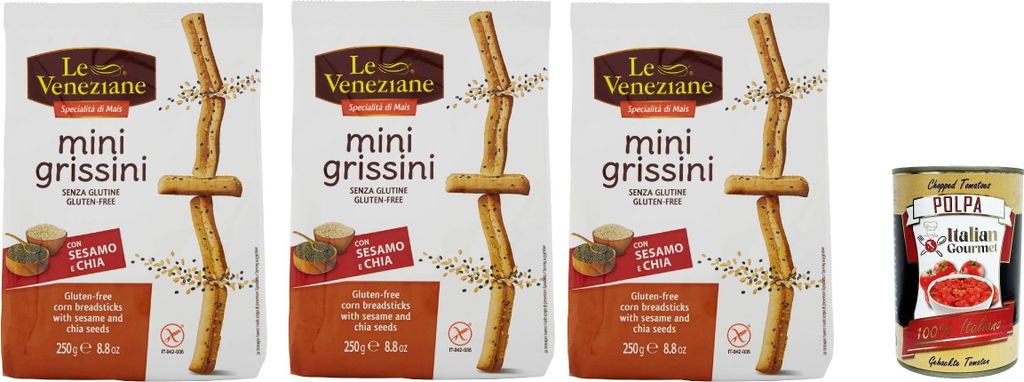 Le veneziane, mini grissini con sesamo e chia senza glutine, gluten free breadstick, glutenfreie Mini-Grissini mit Sesam und Chia, 3x 250g + Italia...