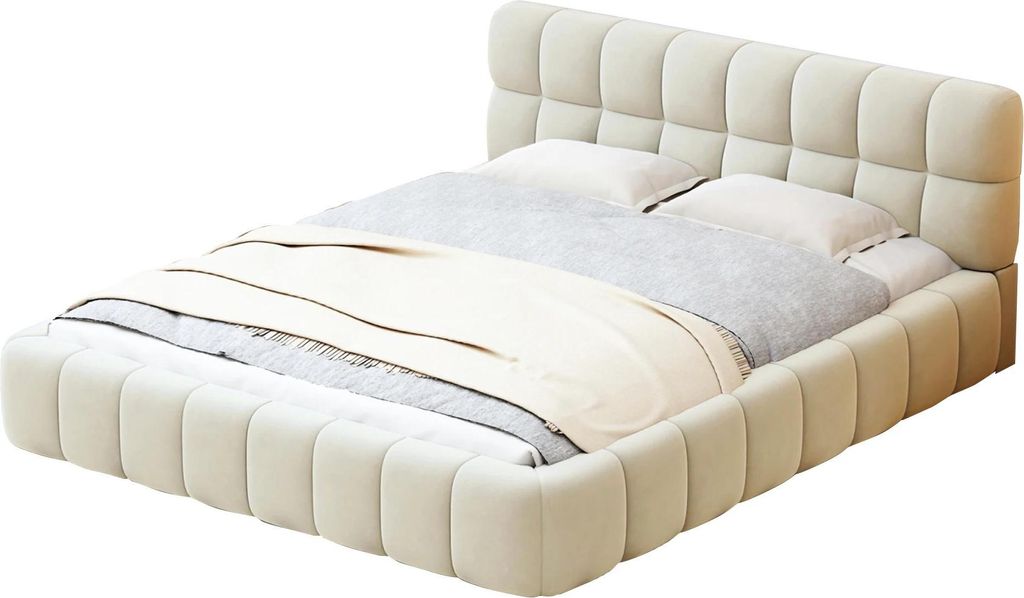 Polsterbett - Bettgestell mit Lattenrost - Mit Stauraum - Gepolstertes Kopfteil mit Hanfbezug - 140x190 cm - Ohne Matratze - Dunkelkhaki