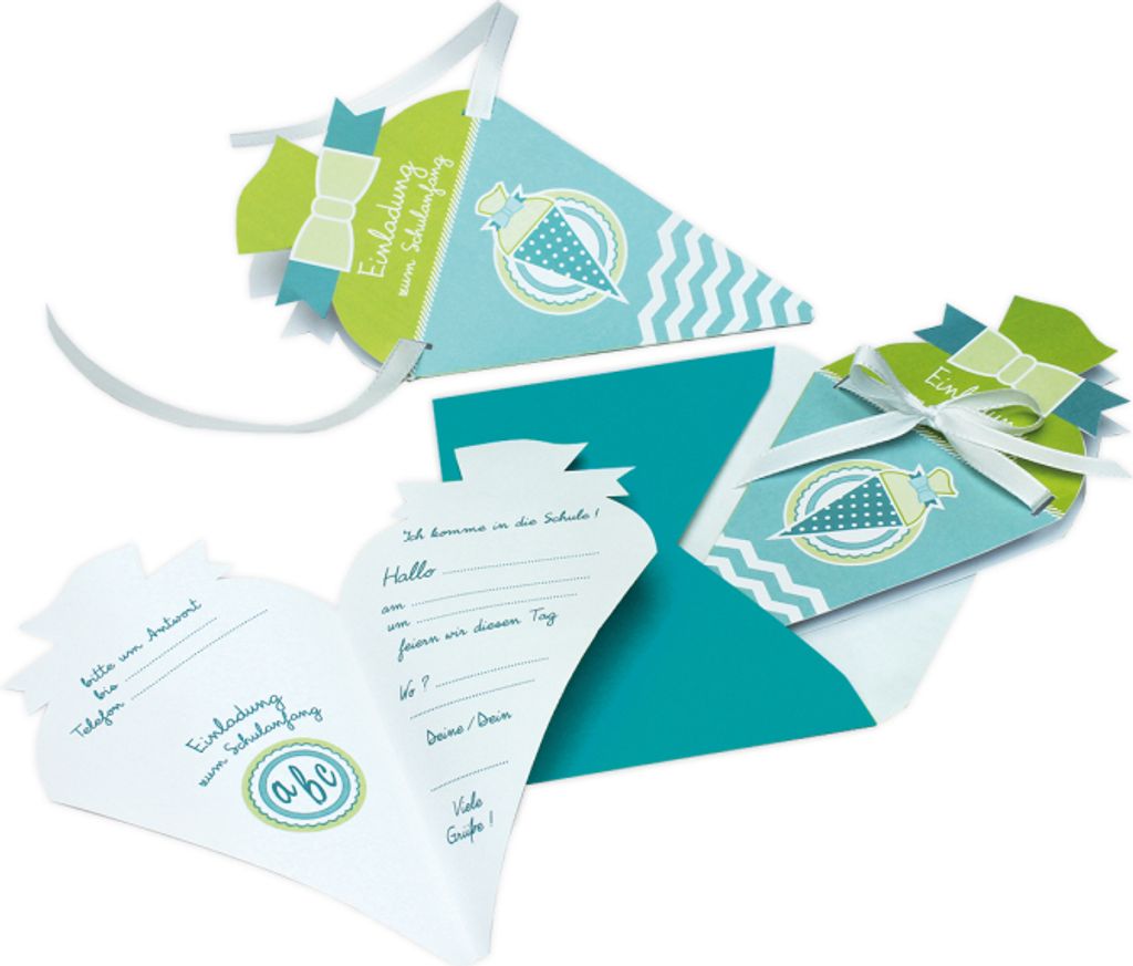 ROTH Schulanfangs-Serie "Hurra, 1. Klasse!" Einladungskarte "Schultüte" türkis-grün, 10,5 x 20 cm, 4 Karten