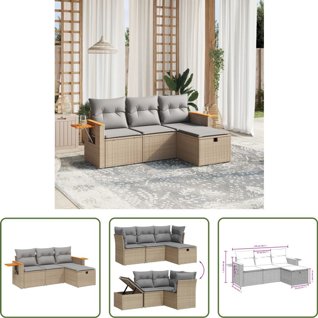 The Living Store 4-tlg. Garten-Sofagarnitur mit Kissen Beigemischung Poly Rattan