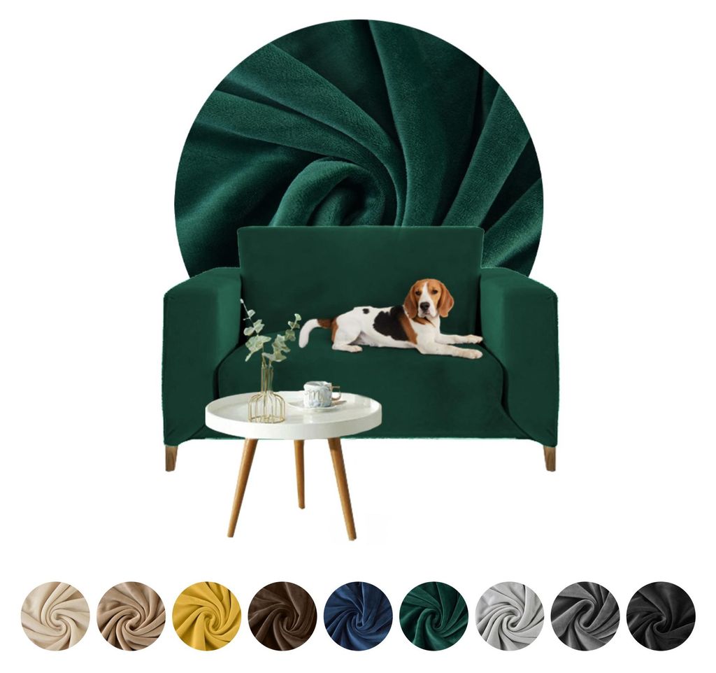 Elastischer Velours-Bezug für 1-Sitzer Sofa, Couch oder Schlafsofa in Grün – Schonbezug