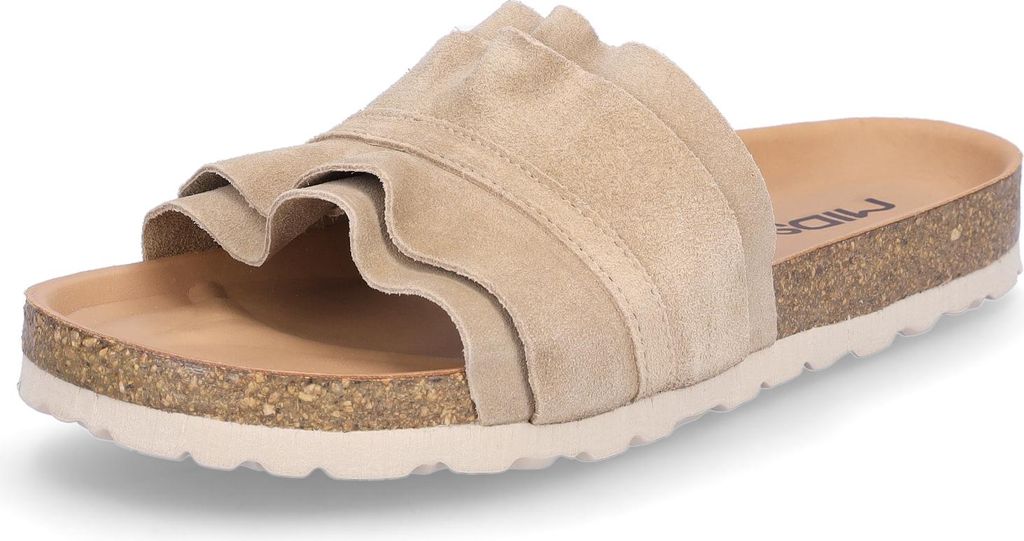 MIDS MIRABEL Damen Pantolette Beige Velourleder mit Rüschen & Lederfußbett