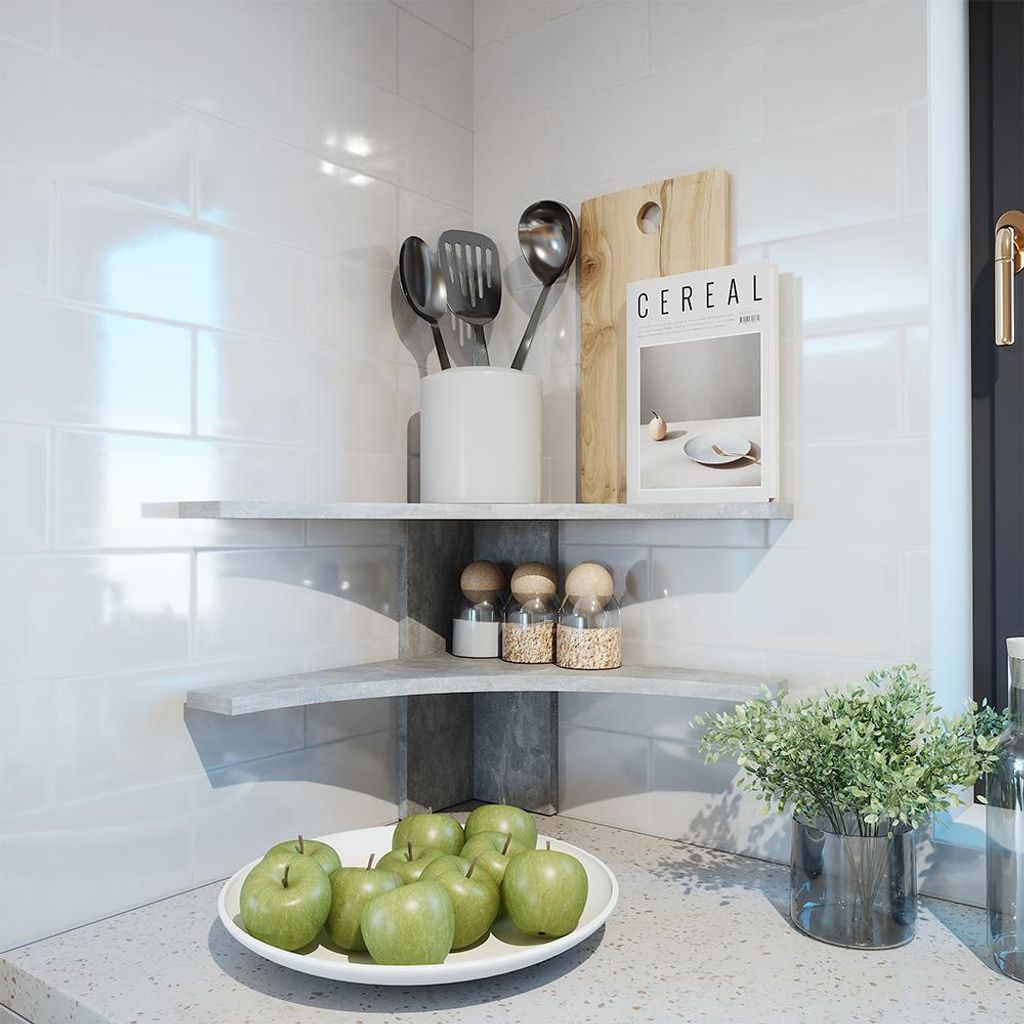 A kitchen corner with shelves displaying kitchenware and food items.
