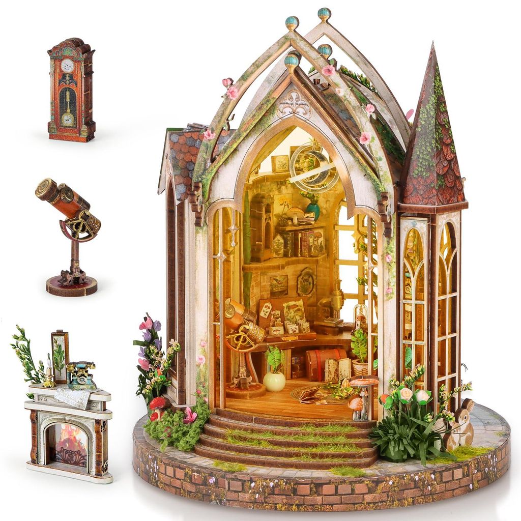 Book Nook Kit, Puppenhaus Miniatur Haus DIY Miniature House mit LED Licht, Möbel, Blume für Geschenke, Bücherregal Dekoration