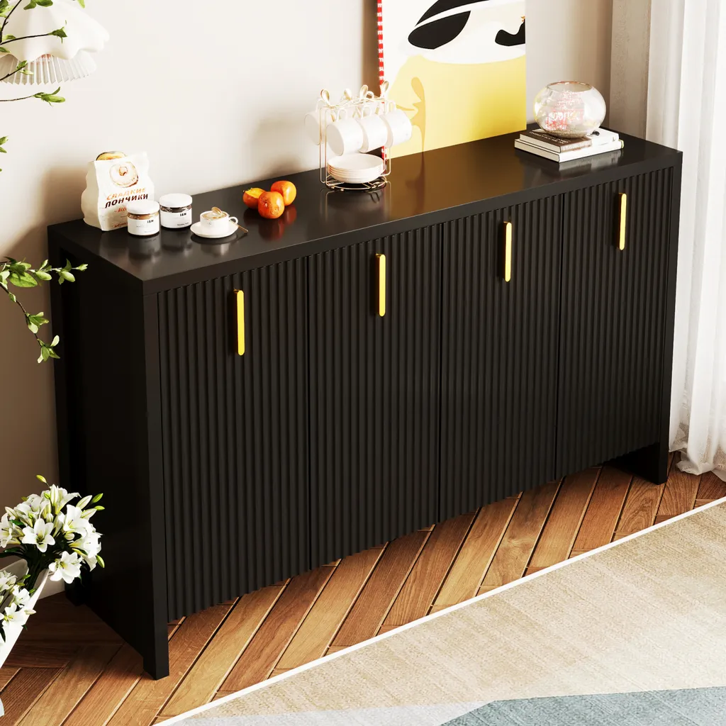 Buffet Noir 4 Portes : Solution de Rangement Gain de Place pour Salon Noir - 2